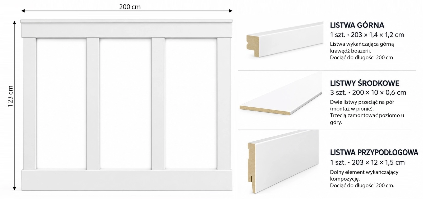 Boazeria ścienna FRAME do malowania - długość 200 cm, wysokość 123 cm + Farba biały RAL9010