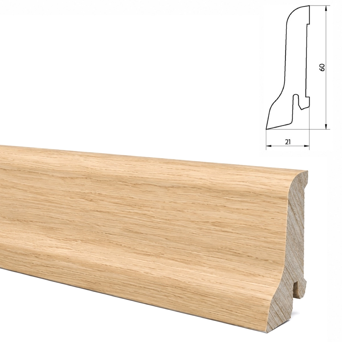 PRÓBKA 20 CM - Listwa przypodłogowa drewniana do malowania, dąb europejski surowy, 60x21 mm