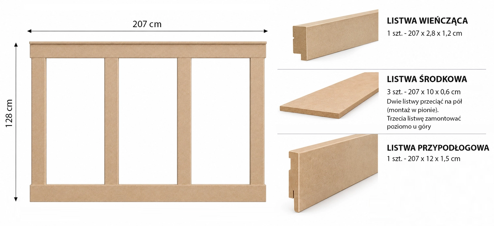 Boazeria ścienna FRAME MDF surowa do malowania - długość 207 cm, wysokość 128 cm