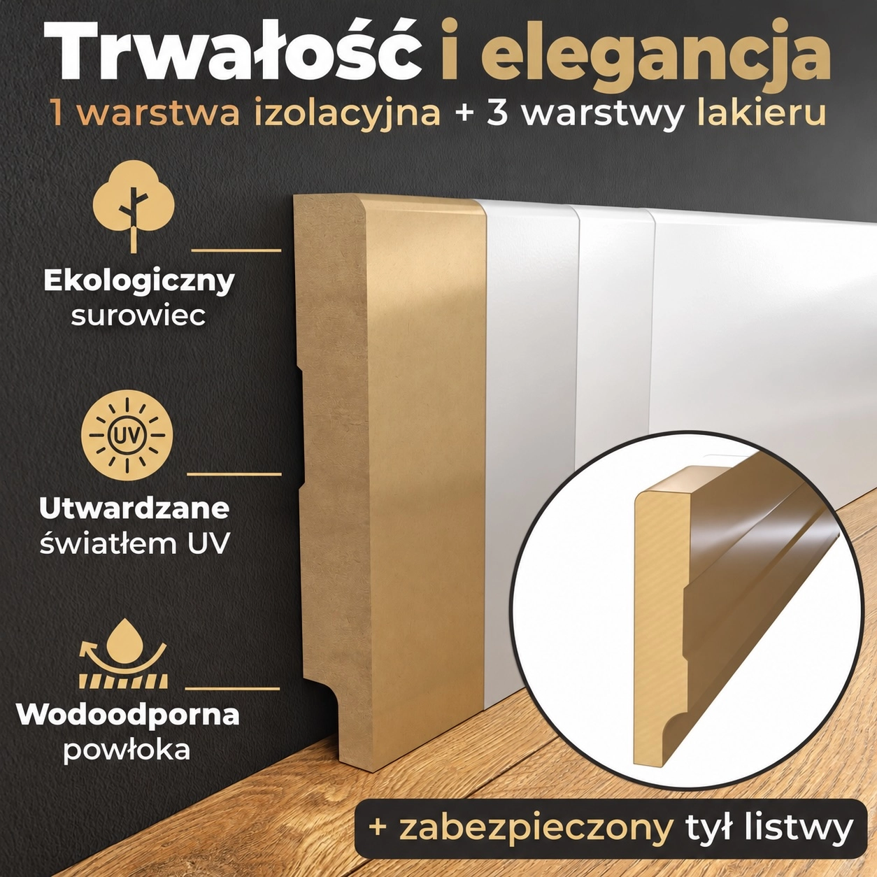 Listwa przypodłogowa MDF lakierowana biała z wodoodporną powłoką TRIO 6cm - ostatnie 16 metrów