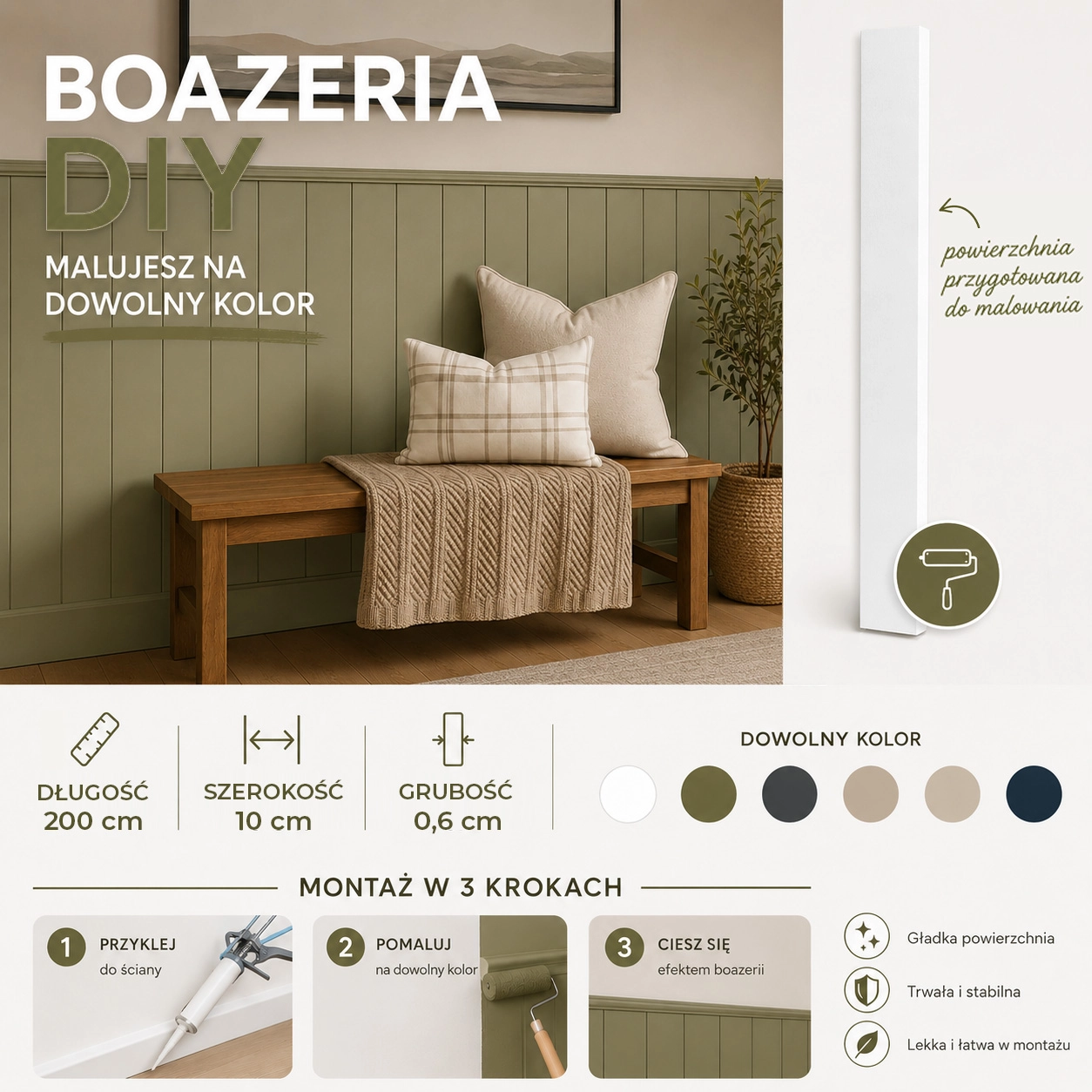 Listwa boazeryjna ELEGANT, boazeria ścienna MDF, do malowania