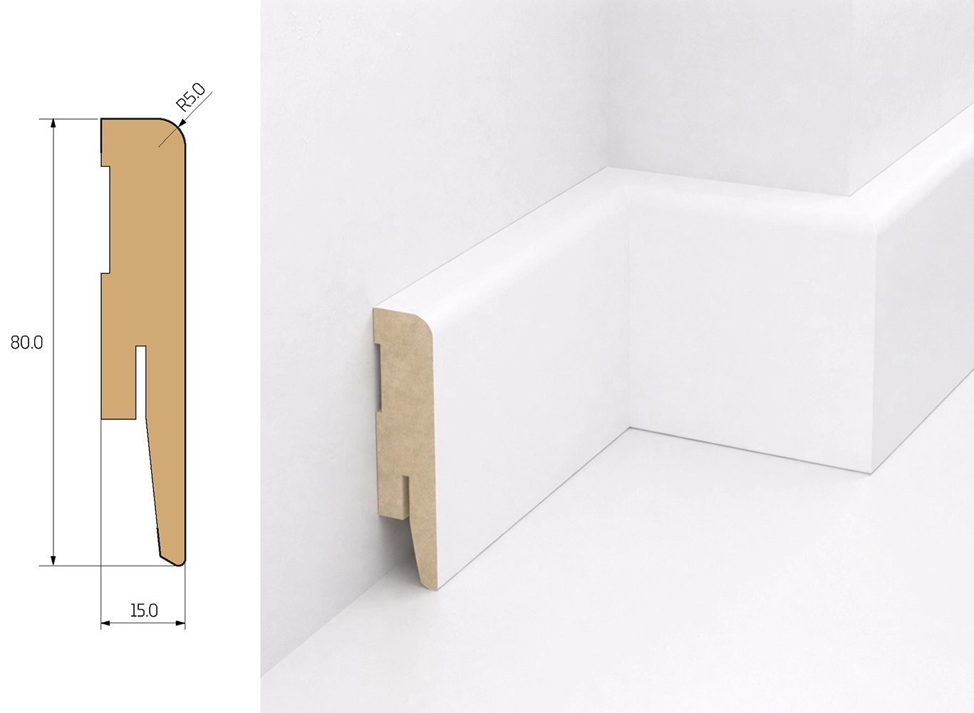 PRÓBKA 20 CM - Listwa przypodłogowa MDF TRIO R5, Biała Premium, 8cm